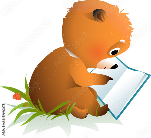 Cute baby teddy bear reading a book or studying. Learning and education illustration for children. Vector animal character schooling illustration, isolated cartoon clip art for kids and library.