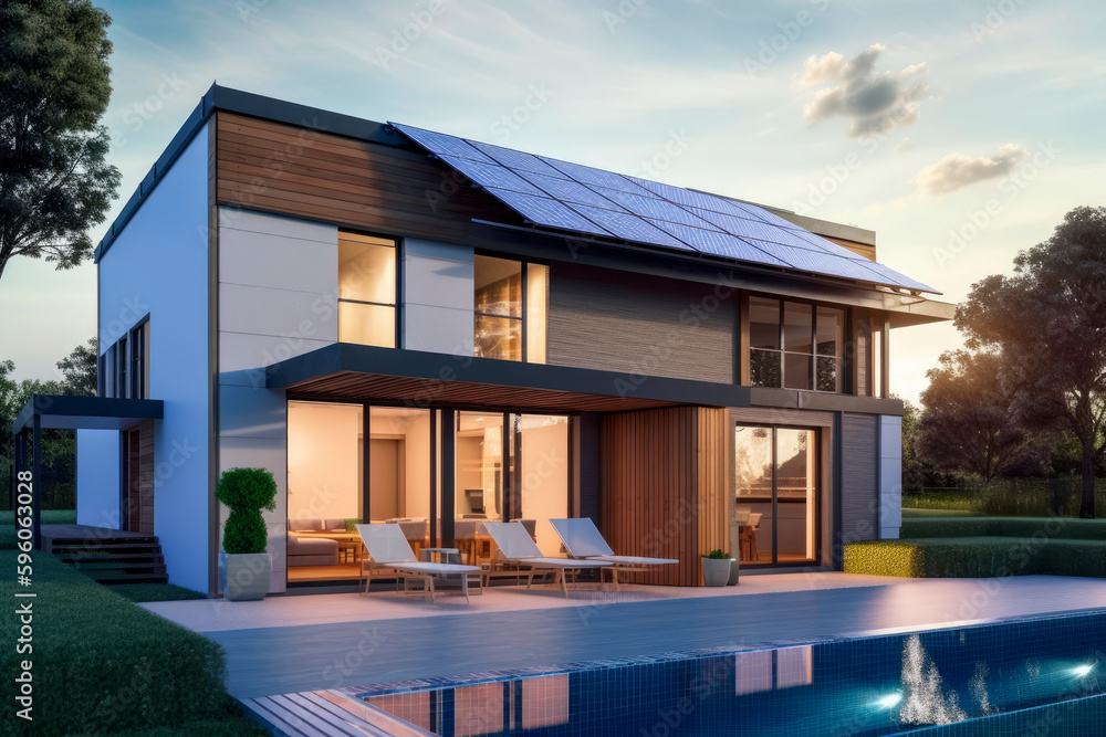 Fototapeta premium Thermal Solar Panels Installed on the Roof of a Large House, generative ai