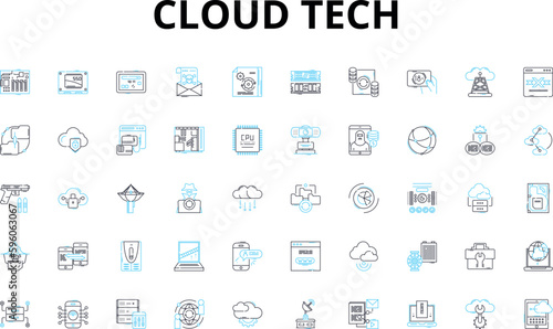 cloud tech linear icons set. Virtualization, Infrastructure, Computing, SaaS, PaaS, IaaS, Storage vector symbols and line concept signs. Security,Integration,Migration illustration