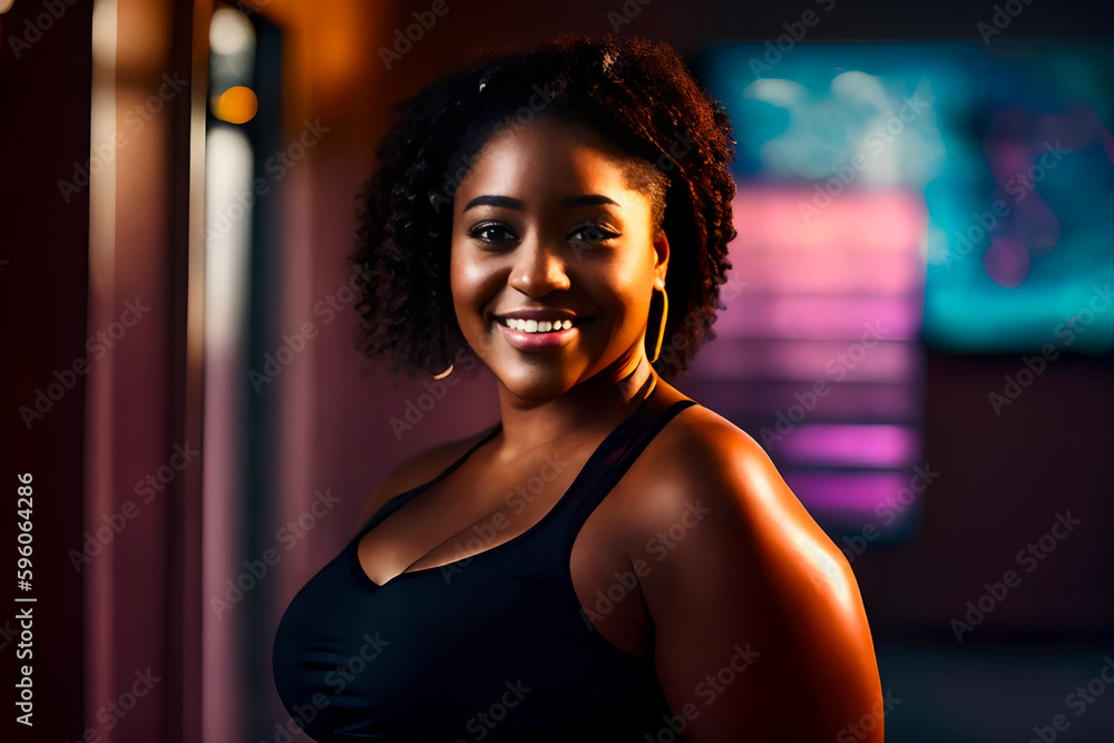 Portrait of smiling happy healthy, overweight young African-American woman in black top and pink shorts training in stylish modern gim. Generative AI