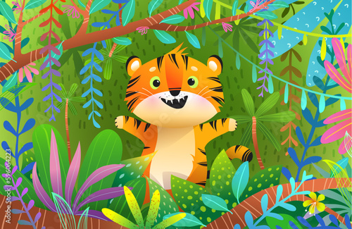Cute Tiger Animal in Colorful African Exotic Jungle Drawing for kids. Vibrant and playful intricate illustration of African Rainforest and baby Tiger. Detailed vector graphic design for children.