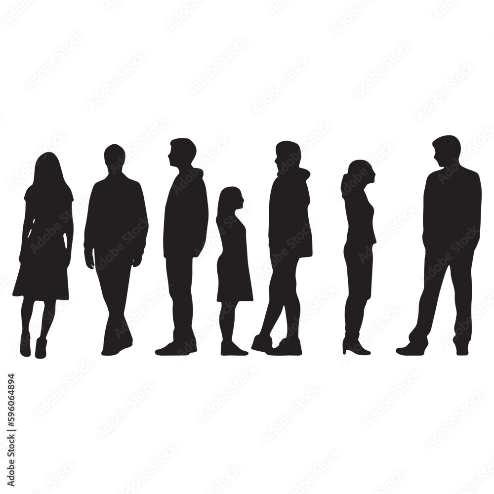 silhouettes of people illustration. group of people silhouette. Vector silhouettes of men and a women, a group of standing and walking business people