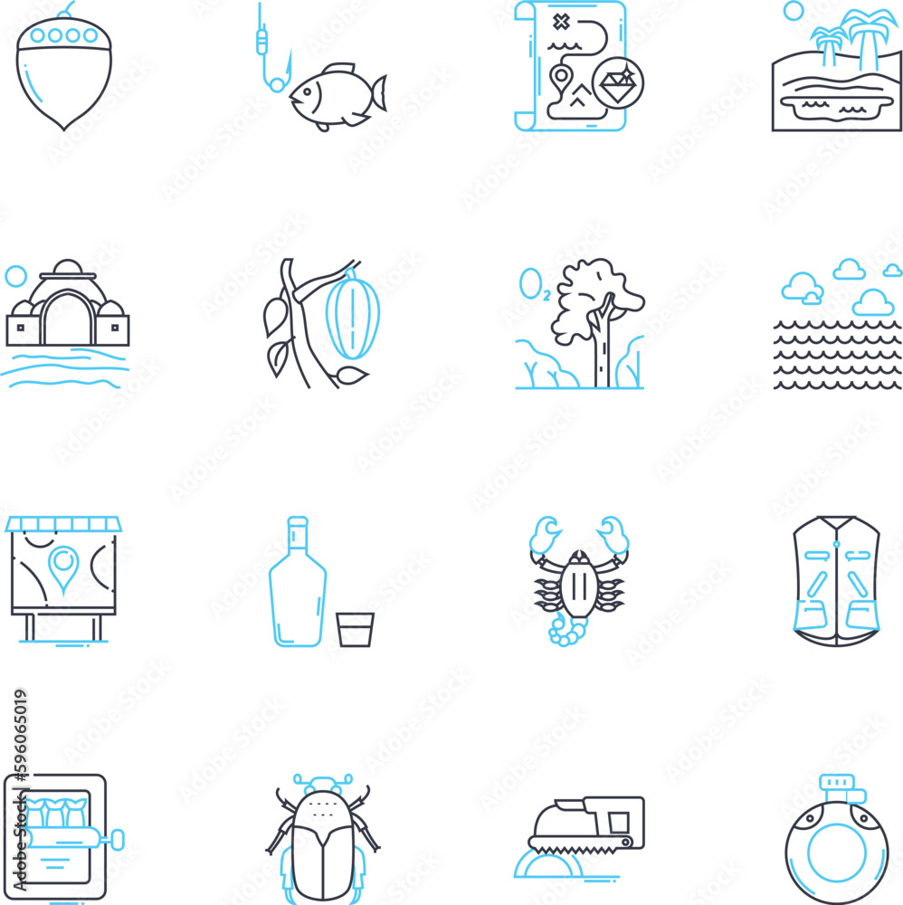 Wilderness linear icons set. Forest, Mountains, River, Lake, Wildlife, Nature, Adventure line vector and concept signs. Hiking,Camping,Trekking outline illustrations Wilderness linear icons set. Forest, Mountains, River, Lake, Wildlife, Nature, Adventure line vector and concept signs. Hiking,Camping,Trekking outline illustrations