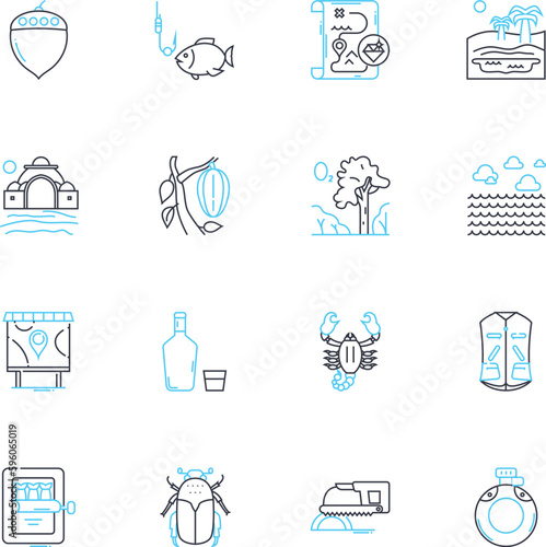 Wilderness linear icons set. Forest, Mountains, River, Lake, Wildlife, Nature, Adventure line vector and concept signs. Hiking,Camping,Trekking outline illustrations