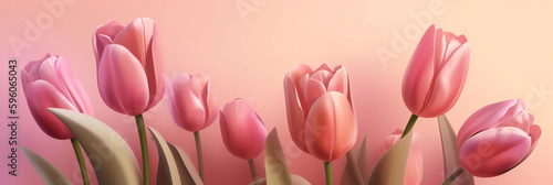 Pink tulips on pink background  Illustration banner  generative AI
