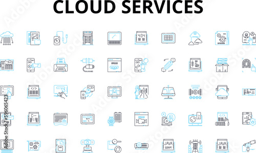 Cloud services linear icons set. Integration, Scalability, Accessibility, Reliability, Security, Efficiency, Flexibility vector symbols and line concept signs. Virtualization,Multitenancy,Elasticity