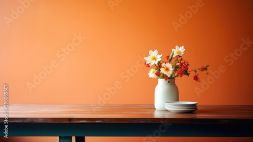 Modern table with vase and flowers against a light wall. Generative AI