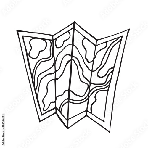 line drawing map for traveling doodle style. Folded paper map with route. Map for camping, hiking, local tourism. design vector graphic illustration