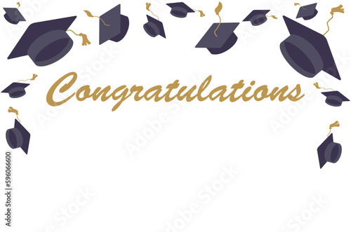 Collage with mortar boards and word GRADUATION on white background