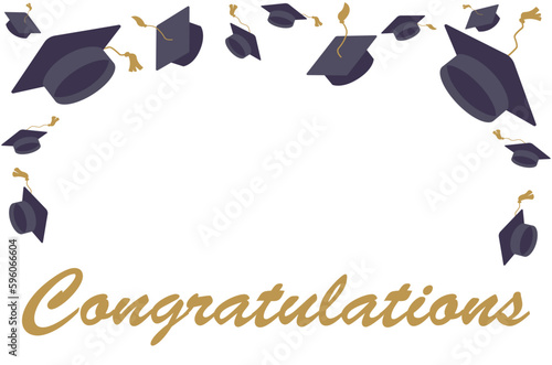 Collage with mortar boards and word GRADUATION on white background