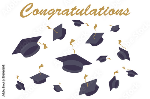 Collage with mortar boards and word GRADUATION on white background