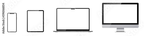 Set of phone, tablet, laptop, monitor on transparent background with transparent screen. Vector illustration.