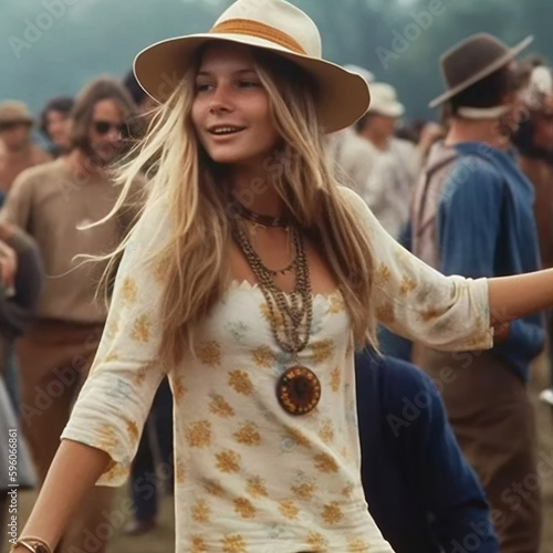 hippie at woodstock 1969 festival style, unpublished style created Hippie style Commercial , IA generativa photo