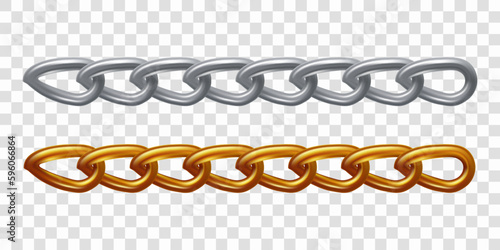 Set of metal chain links, isolated on transparent background. Realistic vector illustration.