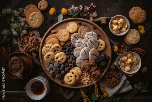 A bird's-eye view food arrangement featuring a plate of cookies. Generative AI