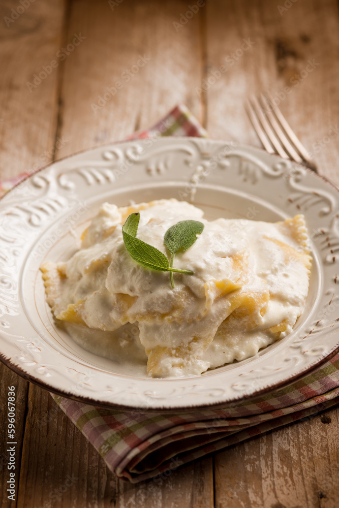 italian ravioli with cheese fresh cream and sage italian ravioli with cheese fresh cream and sage