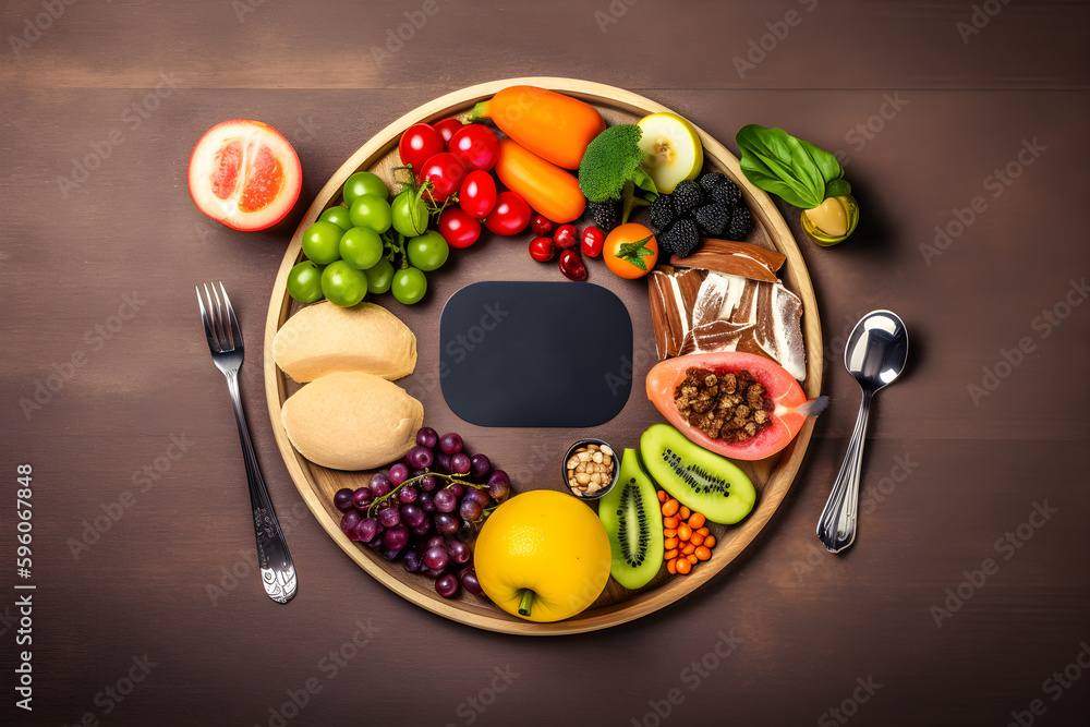 Diet concept. Composition of healthy food on a wooden board. Flat lay, dark bakground, space for text. AI generated Diet concept. Composition of healthy food on a wooden board. Flat lay, dark bakground, space for text. AI generated