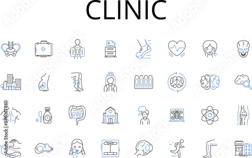 Clinic line icons collection. Hospital, Medical center, Infirmary, Health facility, Doctor's office, Health center, Care center vector and linear illustration. Wellness clinic,First aid center