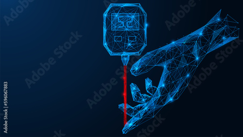 A device for measuring blood sugar levels. Polygonal design of interconnected lines and points. Blue background.