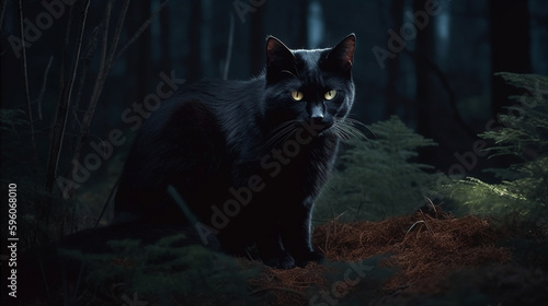 black cat sitting in the dark forest.generative ai