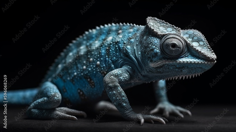 Fototapeta premium Blue chameleon on a black background. Close-up.generative ai