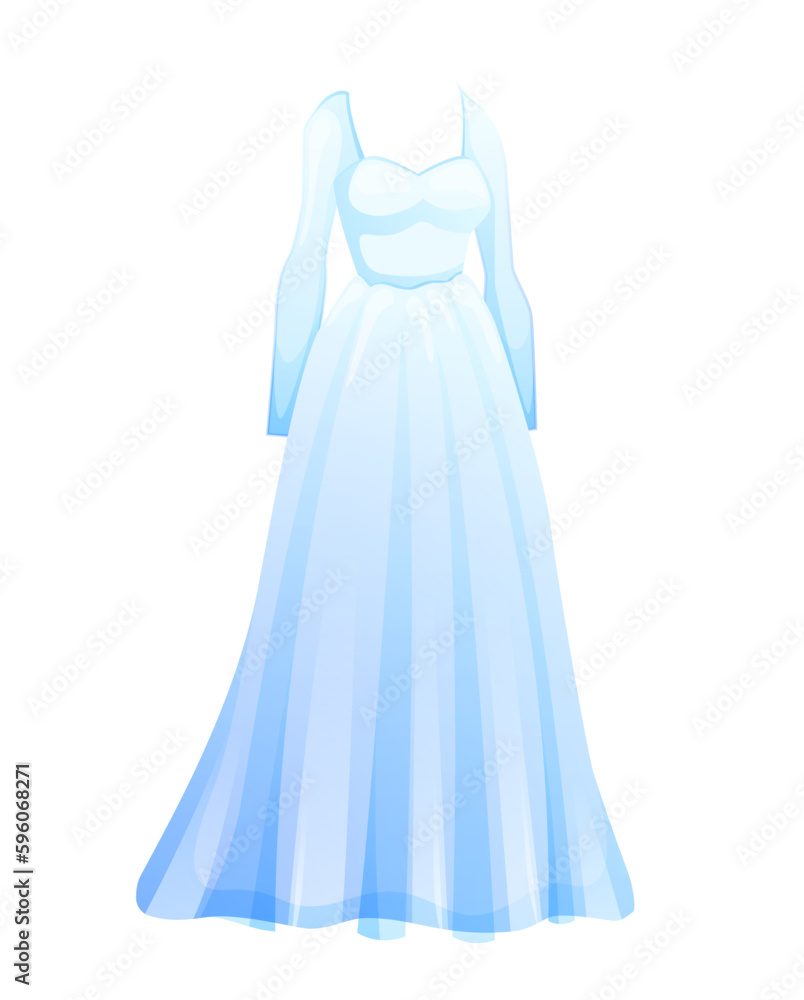 Wedding long white dress.Fashion bride dress in cartoon style. Vector illustration isolated on white. Wedding long white dress.Fashion bride dress in cartoon style. Vector illustration isolated on white.