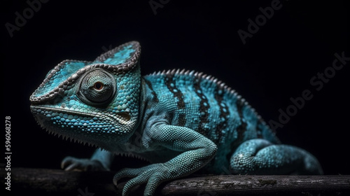 Blue chameleon on a black background. Close-up.generative ai