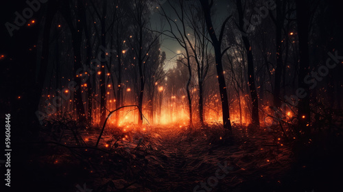 Fiery night: Intense forest fire with orange flames and dark blue sky, global warming blur, bokeh, spark, cinematic landscape, AI