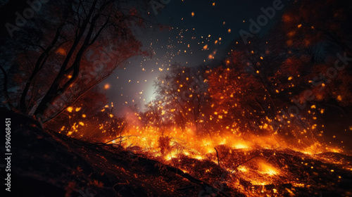 Nighttime blaze: spectacular view of forest fire with fiery sparks and embers, orange and black color, cinematic wallpaper, AI