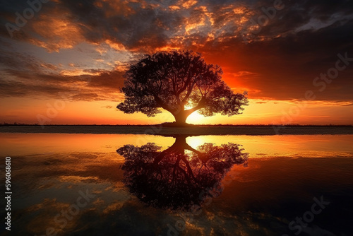 Sunset or sunrise with tree silhouette and lake or water. Ai generated