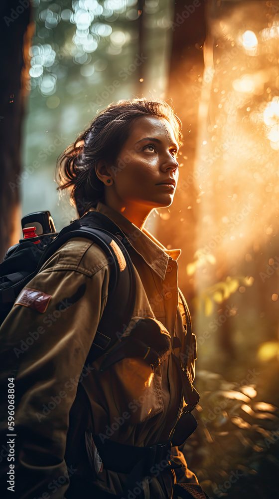 portrait of a woman, cinematic background with spark and ray of sun light, Brave Firefighter Woman Confronting Raging Forest Fire, AI 