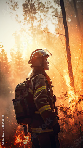 Courageous Female Firefighter Battling Forest Blaze, profile firefighter with fire equipment, cinematic background, AI