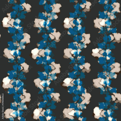 Black  Blue and Ecru Stained Watercolor Textured Floral Pattern