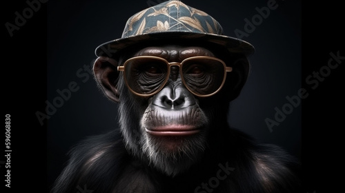 Chimpanzee monkey in a hat and sunglasses on a dark background.generative ai