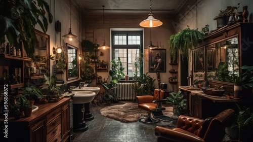 Barbershop with warm and cozy atmosphere decoration plants. AI generated