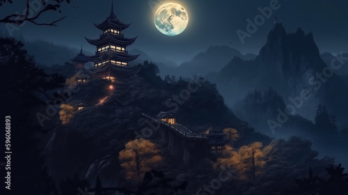 Landscape of ancient pagoda in the mountains at night with full moon.generative ai © S...
