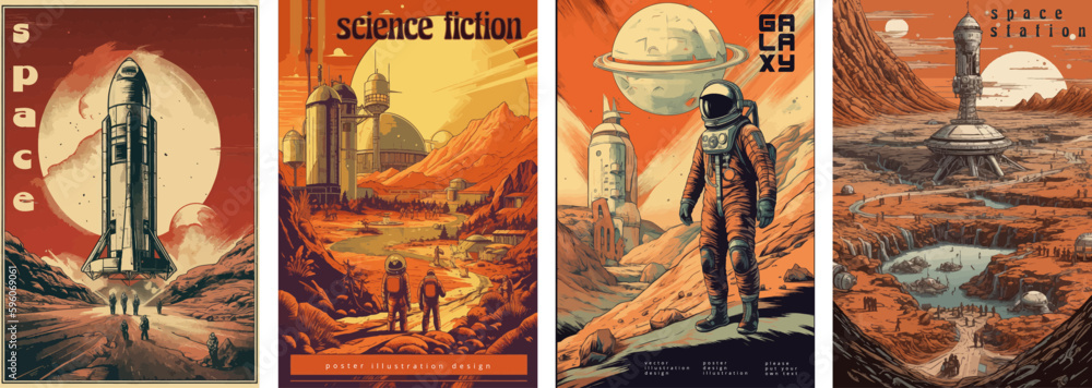 Retro science fiction, a space exploration scene on Mars and astronaut illustration poster set. - obrazy, fototapety, plakaty 