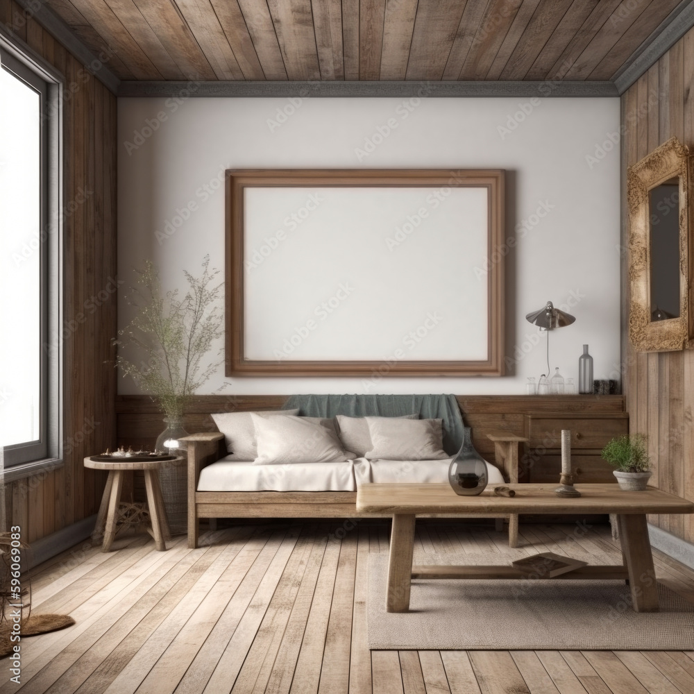 realistic mock up panorama picture frame in rustic house, Generative Ai realistic mock up panorama picture frame in rustic house, Generative Ai