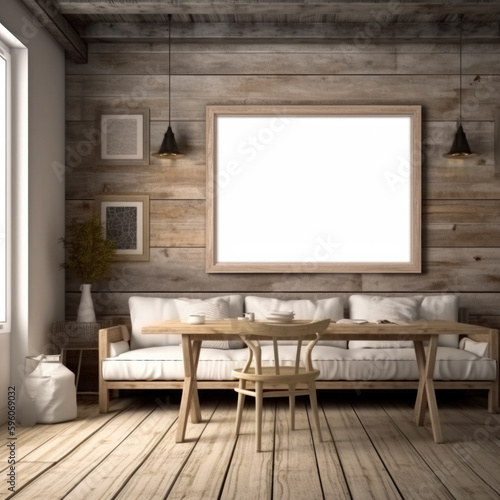 realistic mock up panorama picture frame in rustic house, Generative Ai
