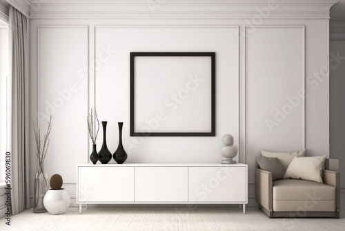 realistic mock up panorama picture frame in white contemporary house  Generative Ai