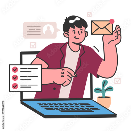 Hybrid work. Male character with a flexible schedule, working