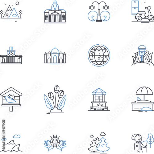 Beachfront piers line icons collection. Oceanfront, Boardwalk, Pier, Seaside, Shoreline, Promenade, Beachscape vector and linear illustration. Waterfront,Coastal,Horizon outline signs set