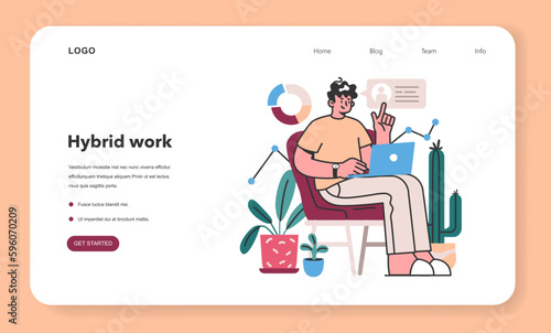 Hybrid work. Male character with a flexible schedule, working