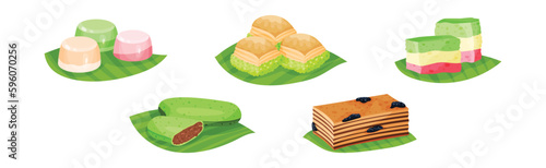 Arabic Sweets Served on Green Leaf Vector Set