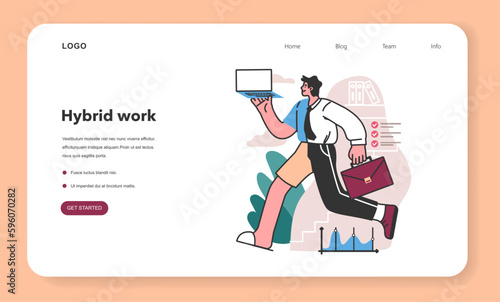 Hybrid work. Male character with a flexible schedule, working