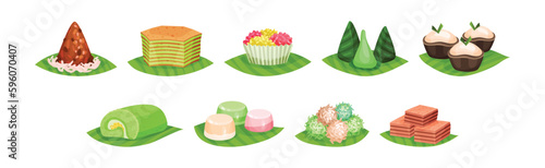 Arabic Sweets Served on Green Leaf Vector Set