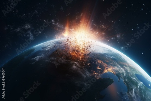 3D earth planet on white backdrop with city lights, sunrise, satellite and galaxy. Depicts climate change and space exploration. Generative AI