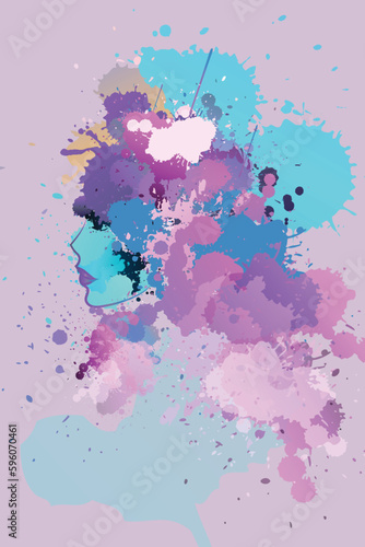 Artistic Female Portrait with Color Splashes - Contemporary Expressionism-Surreal Wall Art in Light Purple and Blue