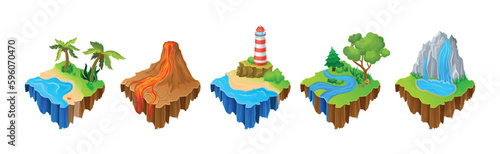 Floating Game Islands with Palm, Lava, Lighthouse and Waterfall Vector Set