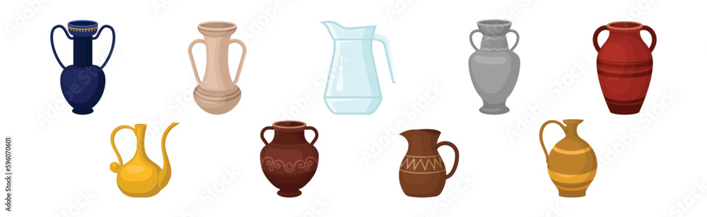 Different Jug and Vessels with Neck and Handle for Interior and Kitchen Use Vector Set